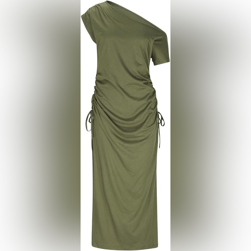 69. Elegant Olive Green One-Shoulder Dress Size Medium